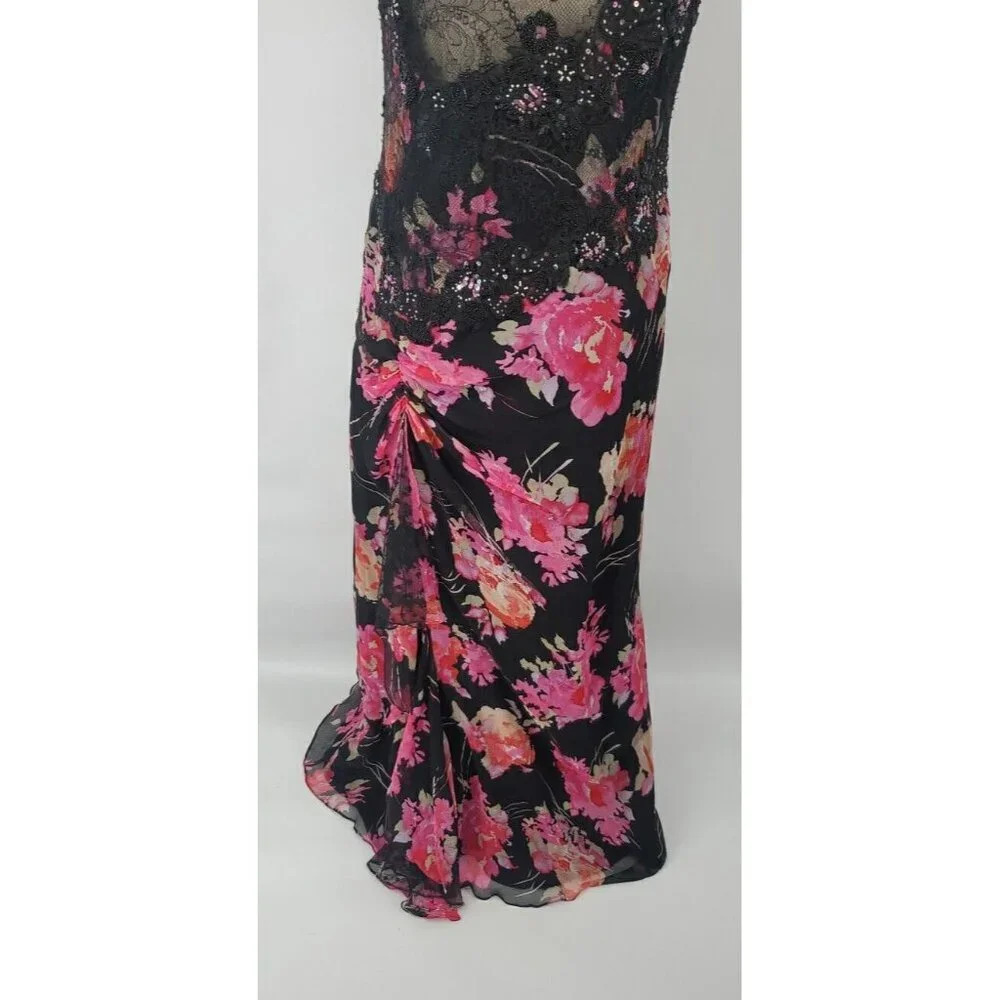 Ricki Freeman Teri Jon Silk Floral Sequin Beaded Halter Maxi Dress Sz 12 - Picture 8 of 16